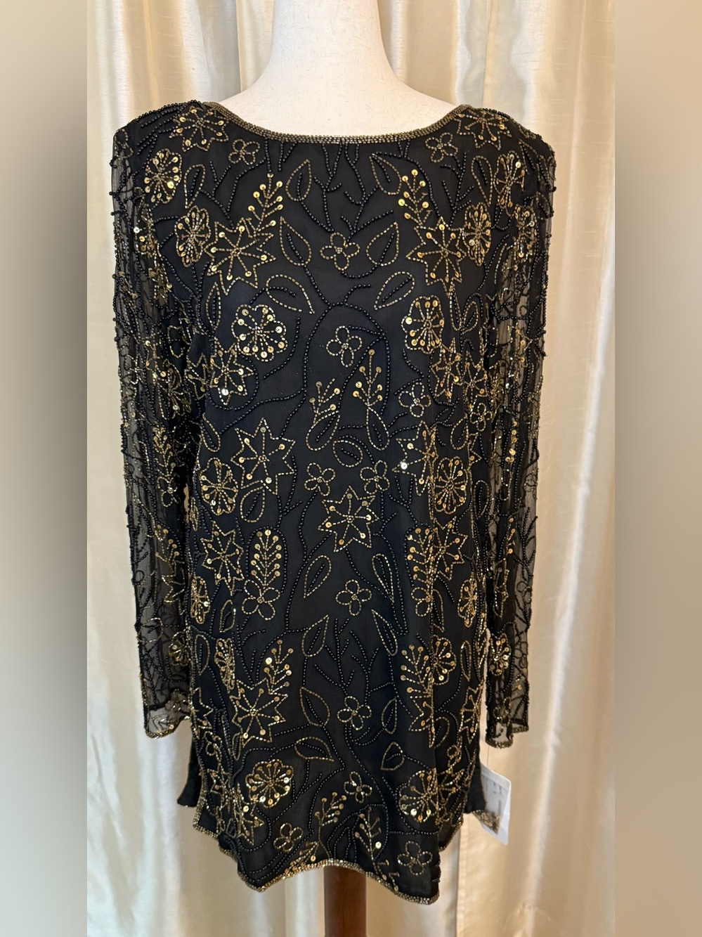 NWT Papell Boutique Vintage Beaded Silk Tunic Top Black Gold S
